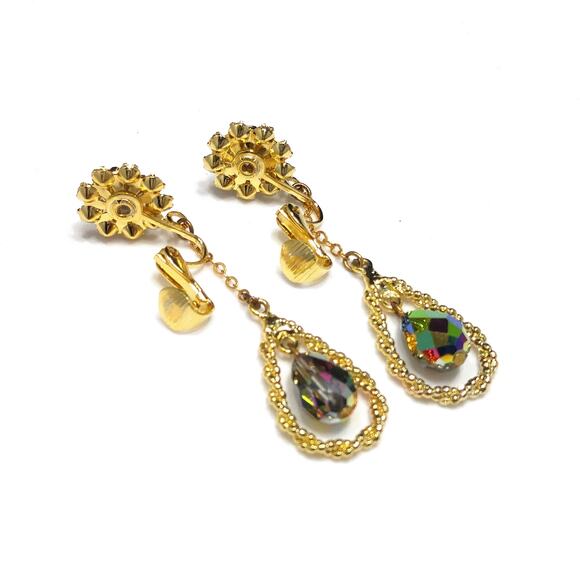 Vintage Czech Peacock Bead Dangle Earrings Floral Rhinestone Gold Tone 1960s - Picture 9 of 10